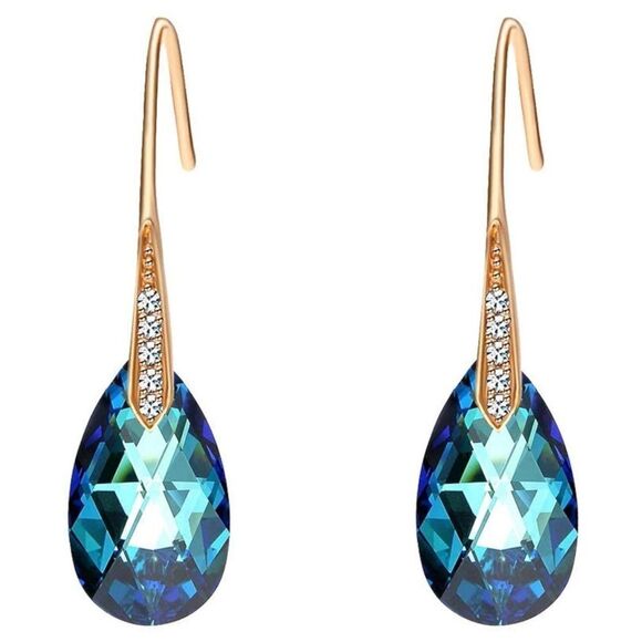 14K Yellow Gold with Bermuda Blue Austrian Crystal Teardrop Drop Hook Earrings - Picture 1 of 6